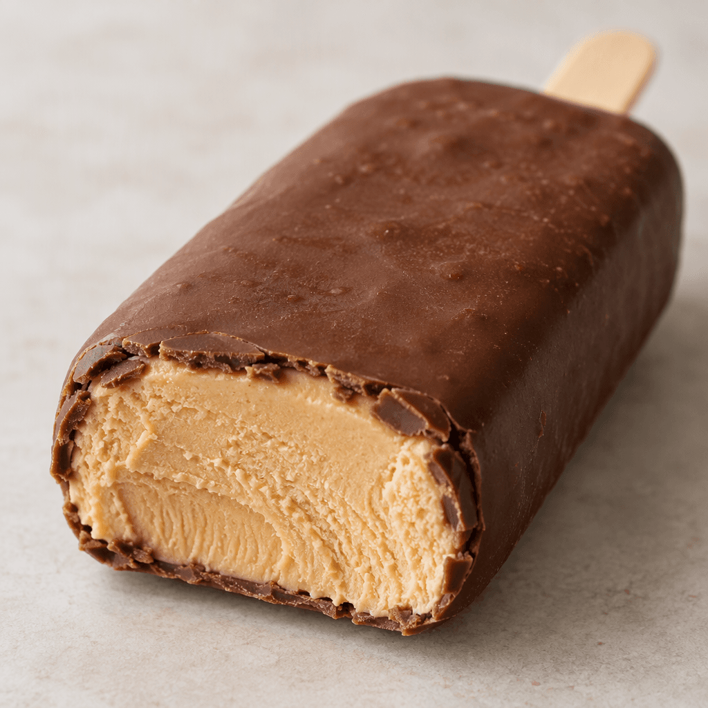 A bar-shaped ice cream with a smooth brown chocolate coating and a pale caramel-colored center visible at the cut end.