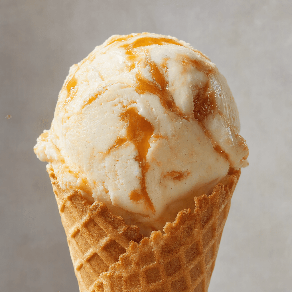 A crisp golden-brown waffle cone holds a rounded scoop of pale cream-colored ice cream streaked with glossy amber caramel.