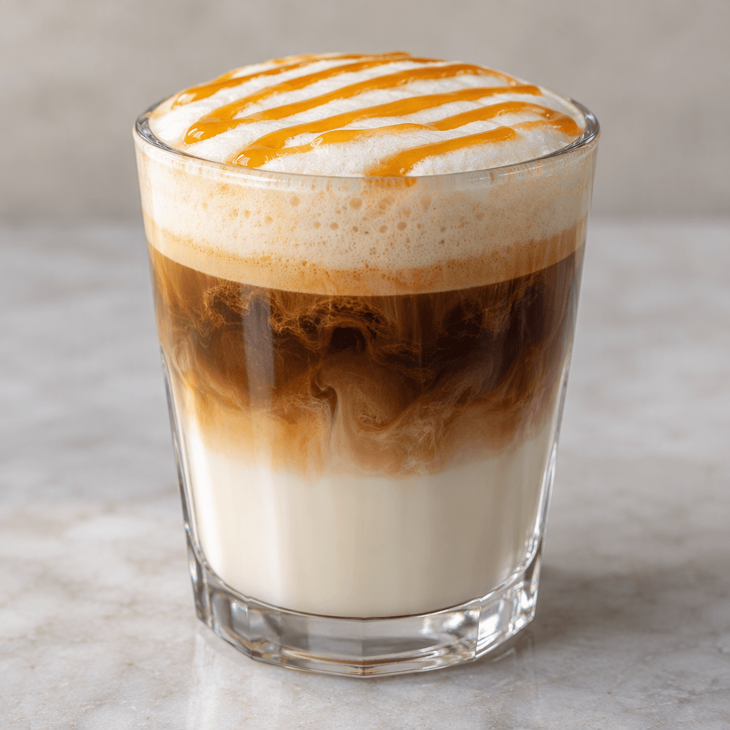 A layered coffee drink in a clear glass, with pale milk at the bottom, a darker espresso band above it, a cap of light foam, and thin amber caramel lines drizzled across the top.