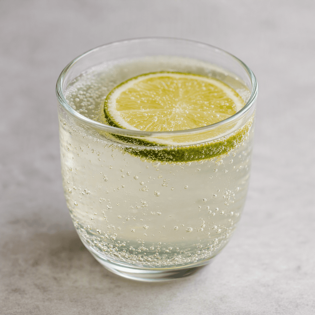 A clear, lightly sparkling drink sits in a small glass, with fine bubbles rising through it.