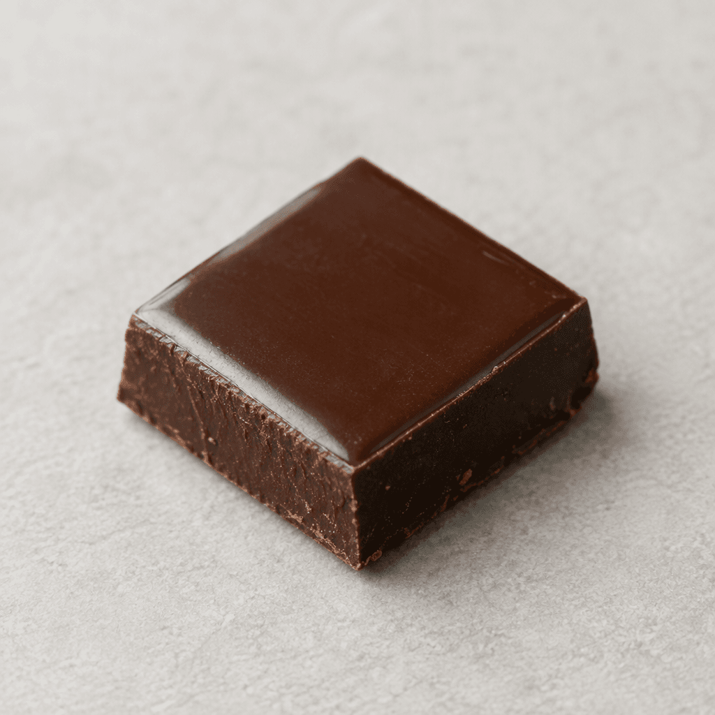 A small, thick square of dark brown chocolate with straight edges, a smooth slightly glossy surface, and cleanly broken sides, resting on a plain surface.
