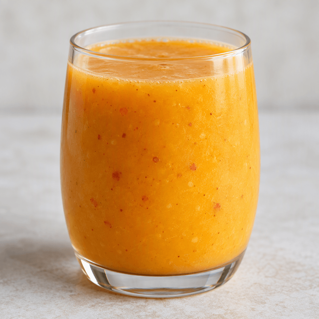 A glass of mixed fruit juice with a smooth, opaque golden-orange color and a few tiny fruit flecks visible throughout.