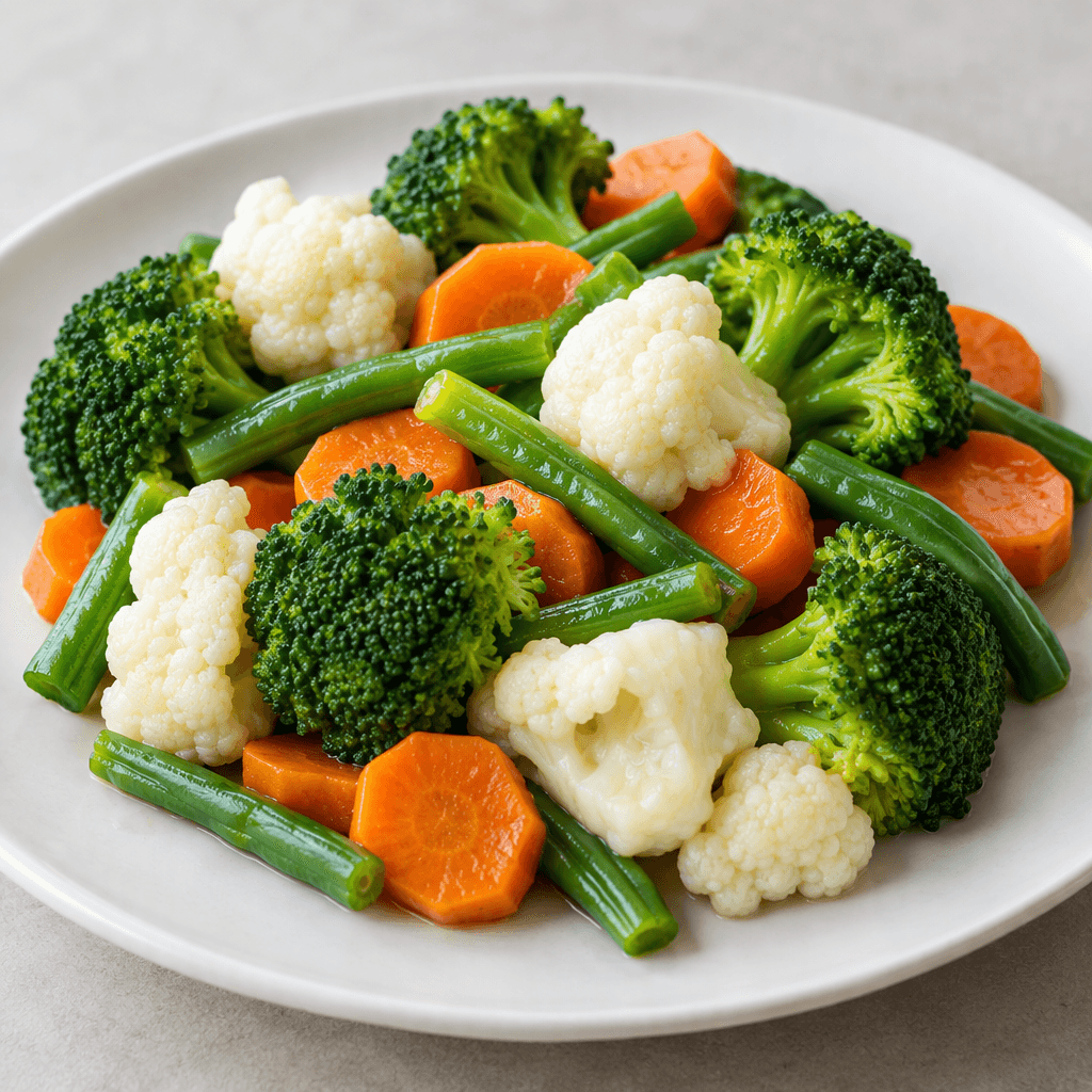 A colorful serving of steamed broccoli florets, cauliflower pieces, carrot rounds, and green beans, with softened yet distinct shapes and a slight moisture sheen, arranged together on a plain plate.