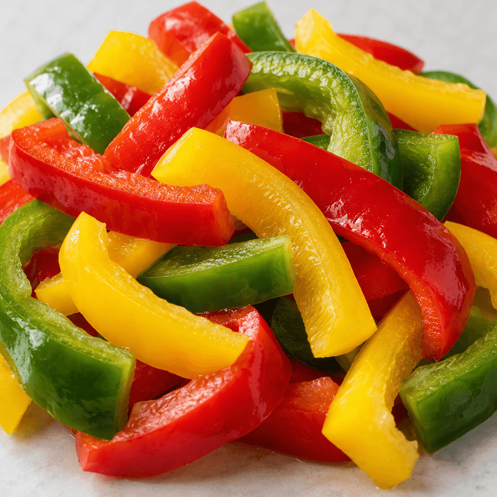 Red, yellow, and green bell peppers with smooth, glossy skins and broad, curved lobes are cut into chunky strips and loosely piled together.