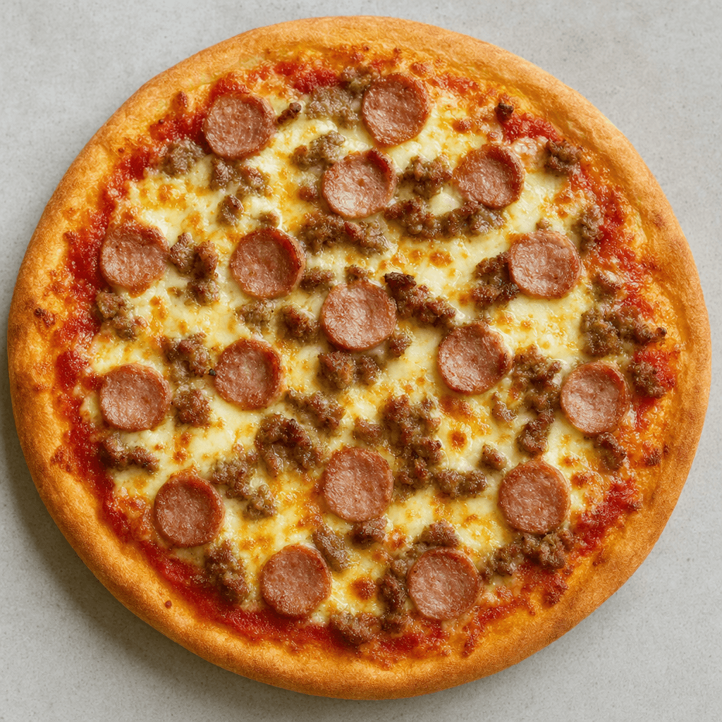 Yuvarlak, kenarları altın renginde kızarmış pizzanın üzerinde erimiş açık sarı peynir, sucuk dilimleri ve küçük kızarmış et parçaları bulunuyor; malzemelerin arasından yer yer kırmızı domates sosu görünüyor.