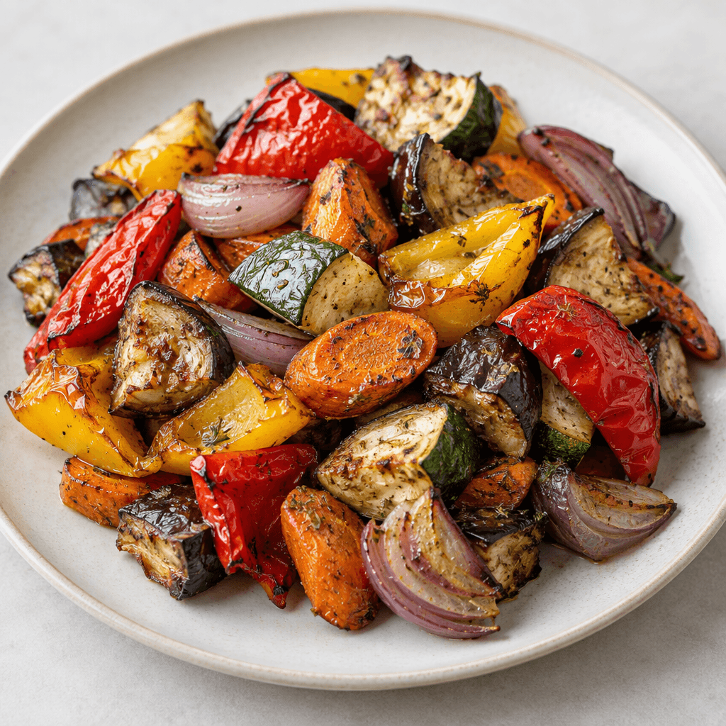 An assortment of roasted vegetables in irregular bite-sized pieces, including red and yellow peppers, zucchini, eggplant, carrots, and onion, with browned edges and a lightly wrinkled surface, served together on a plate.