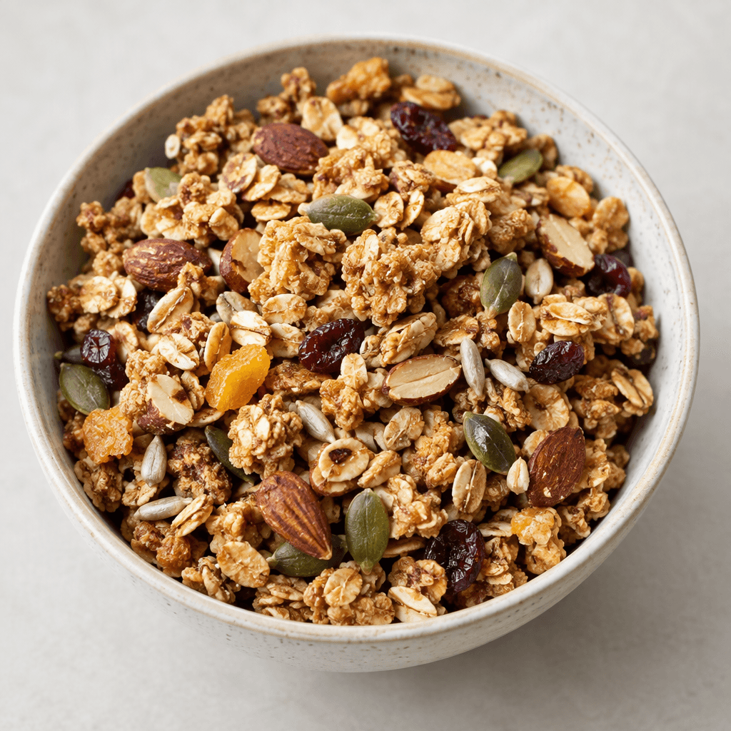 A loose mixture of golden-brown toasted oat flakes and irregular crunchy clusters with visible almonds, pumpkin seeds, sunflower seeds and small pieces of dried fruit, served in a bowl.
