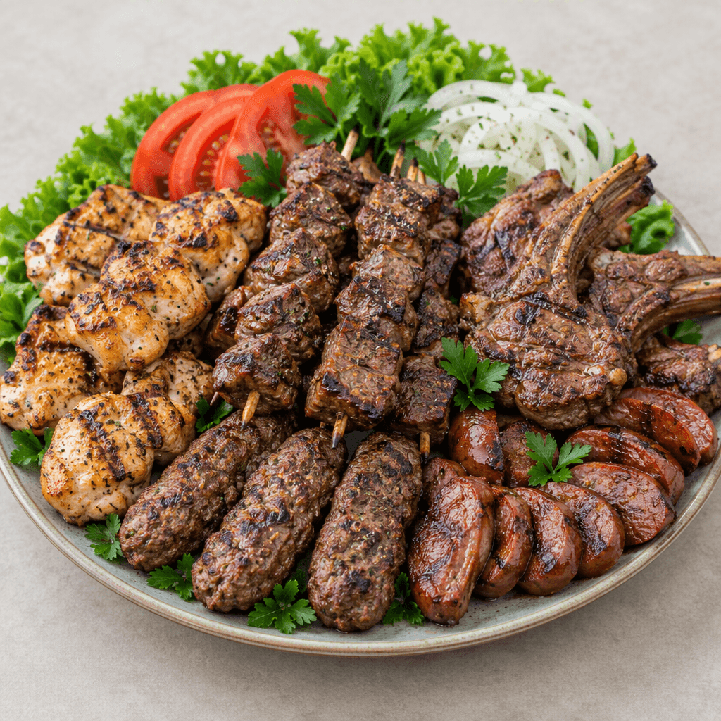 Geniş bir servis tabağında, koyu ızgara izleri ve yer yer közlenmiş kenarları görülen et küplü şişler, küçük oval köfteler, tavuk parçaları, kısa pirzola dilimleri ve kıvrımlı sucuk parçaları; taze yeşillik, dilimlenmiş domates ve beyaz soğan eşliğinde yan yana dizilidir.