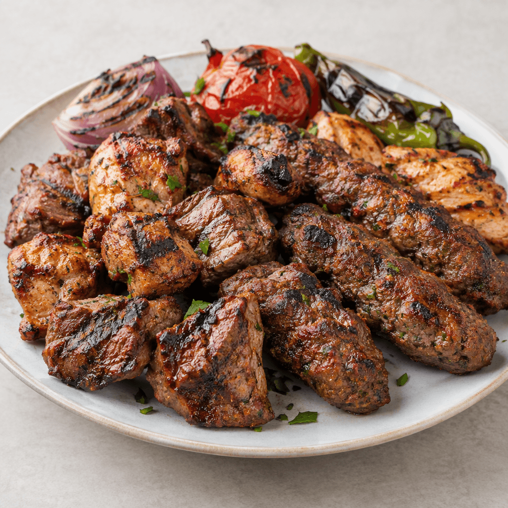 Servis tabağına dizilmiş, dış yüzeyleri kızarmış ve yer yer koyu köz izleri taşıyan düzensiz et parçaları ile uzun kebap biçimli porsiyonlardan oluşan karışık ızgara; yanında birkaç yeşillik ve közlenmiş sebze görülüyor.