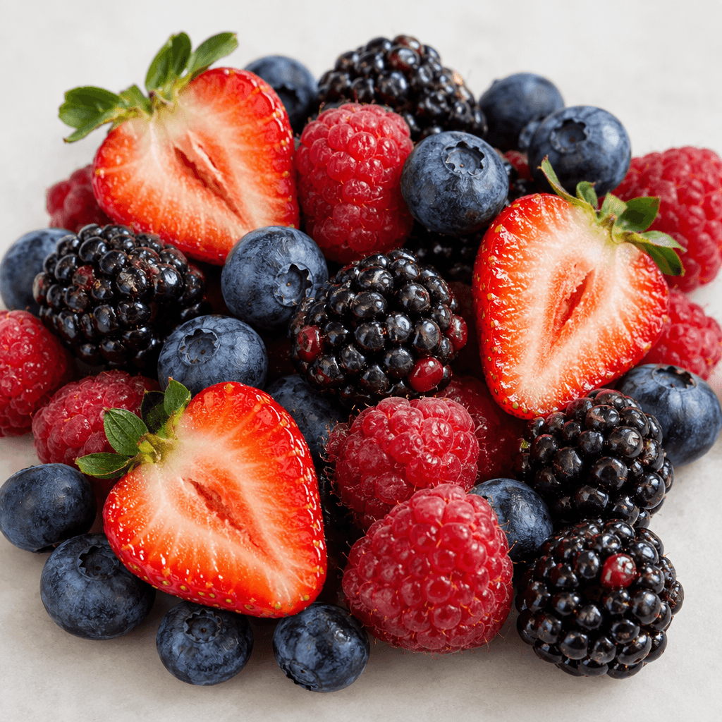 A loose assortment of fresh blueberries, raspberries, blackberries, and halved strawberries, showing deep blue, red, purple-black, and bright red colours with glossy, gently textured surfaces.