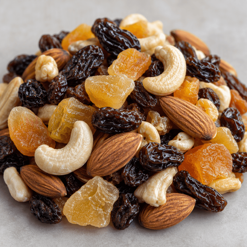A loose mix of wrinkled dark raisins, golden dried fruit pieces, pale curved nuts, and brown almonds, with varied chewy-looking and crisp surfaces, rests in a small mound.