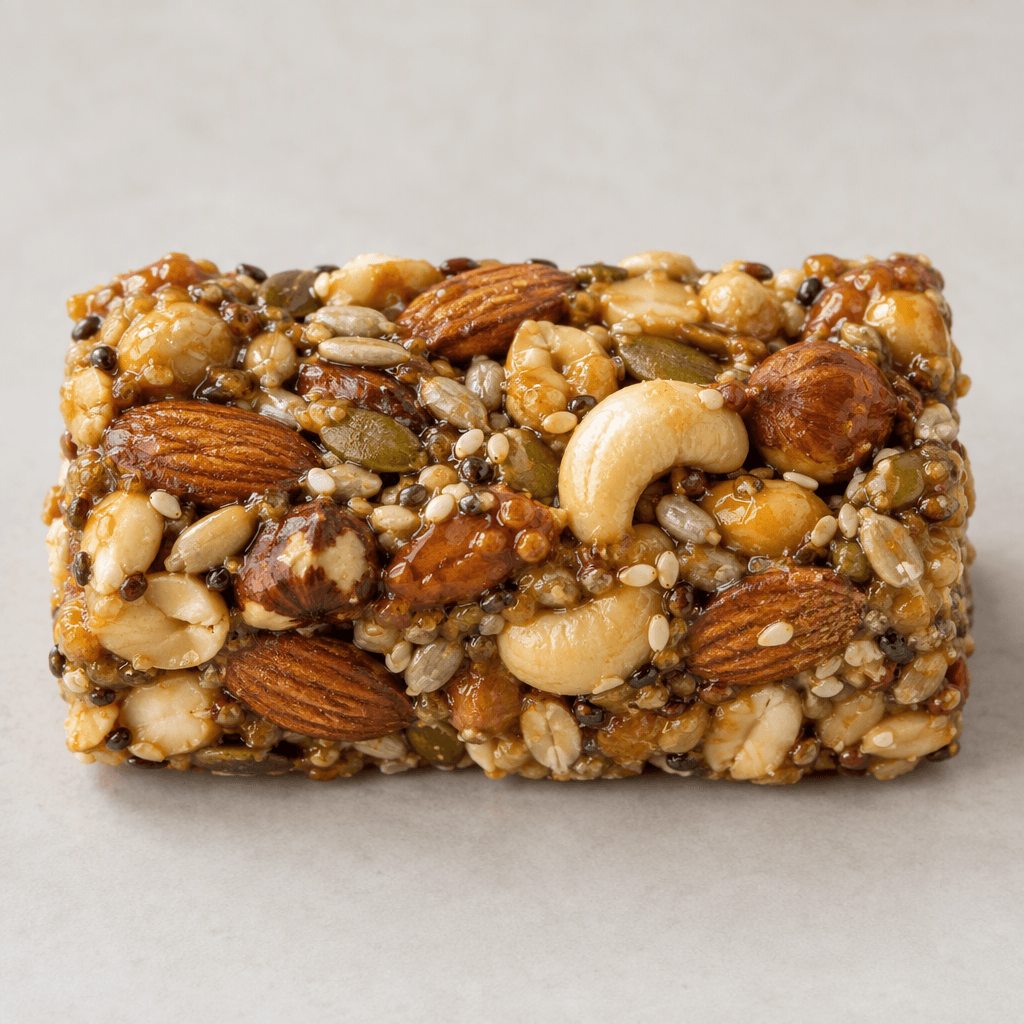 A compact rectangular bar with a rough, uneven surface, densely studded with visible almonds, peanuts, cashews, hazelnuts and small seeds held together by a glossy amber-colored binder.