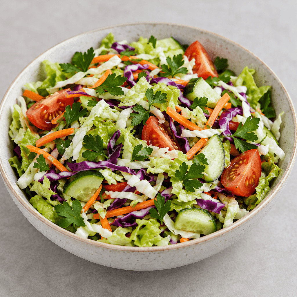 A shallow bowl holds a colourful mixture of crisp shredded green lettuce, pale white cabbage, purple cabbage, thin orange carrot strips, cucumber pieces, red tomato wedges and scattered green parsley leaves.