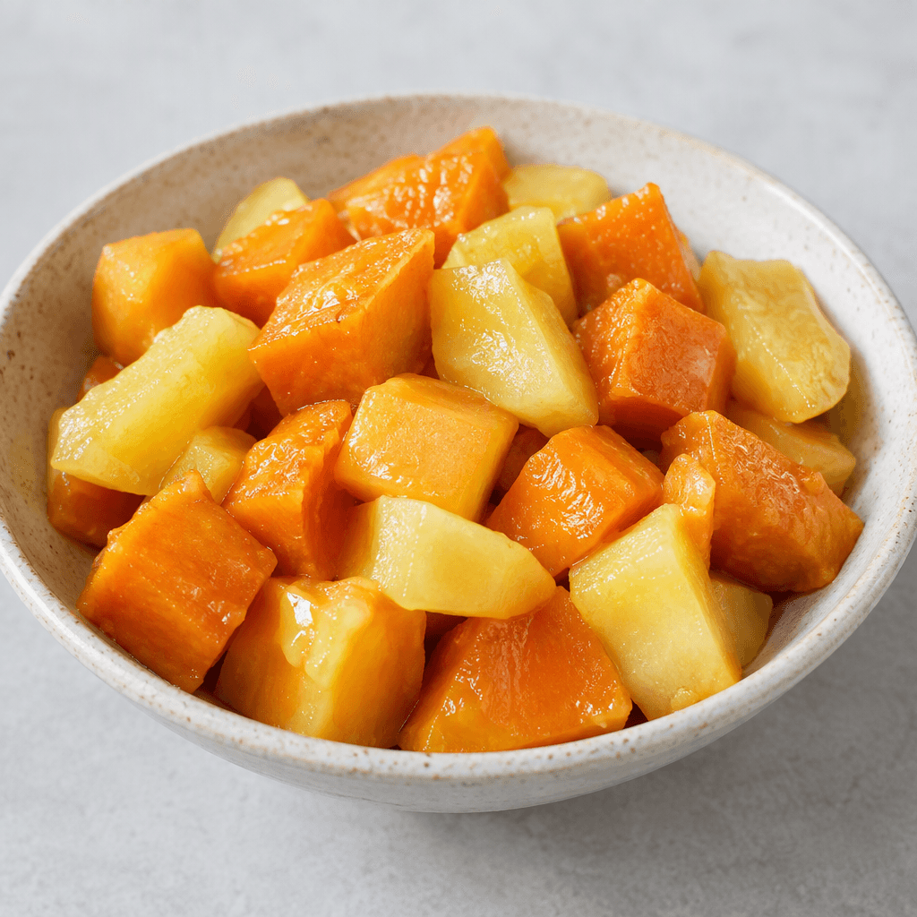 Small cubes and irregular pieces of melon and pumpkin are mixed together, ranging from pale yellow to vivid orange, with a glossy, slightly translucent surface and a soft, moist appearance, served in a shallow dish.