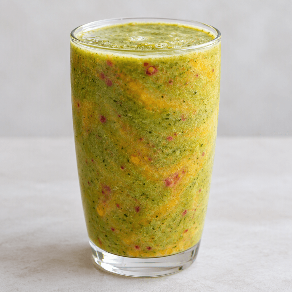 A thick, opaque smoothie fills a clear tumbler, with a softly blended green base streaked with yellow-orange and red flecks from mixed fruits and vegetables, and a smooth, slightly frothy surface.