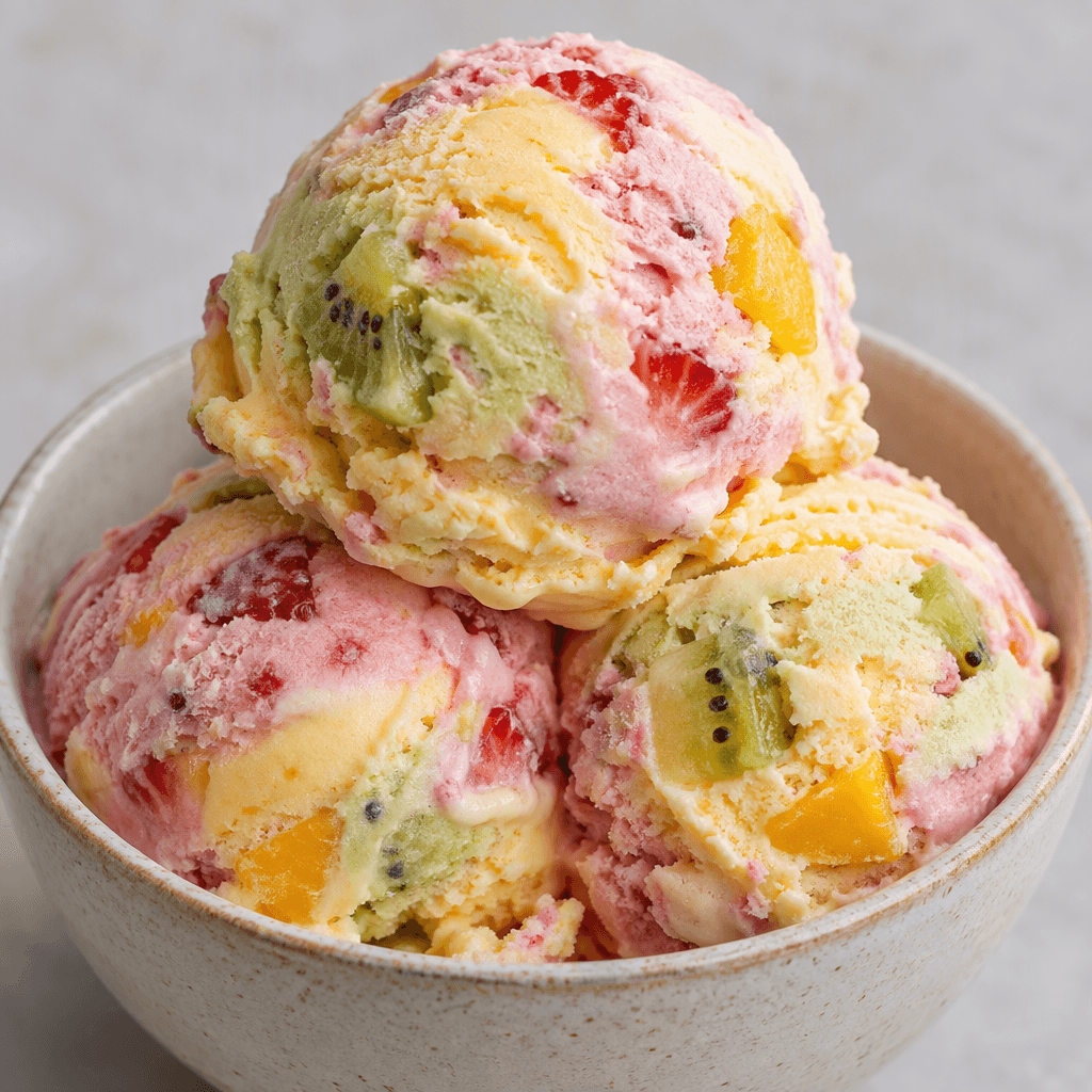Scoops of creamy mixed-fruit ice cream show soft swirls of pink, yellow and pale green, with small fruit pieces visible throughout.
