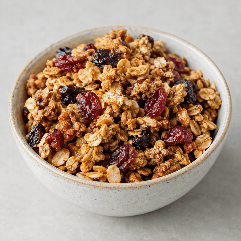 Loose golden-brown clusters of toasted rolled oats are mixed with visible pieces of red and dark dried fruit, creating a coarse, crisp cereal-like texture in a small serving bowl.