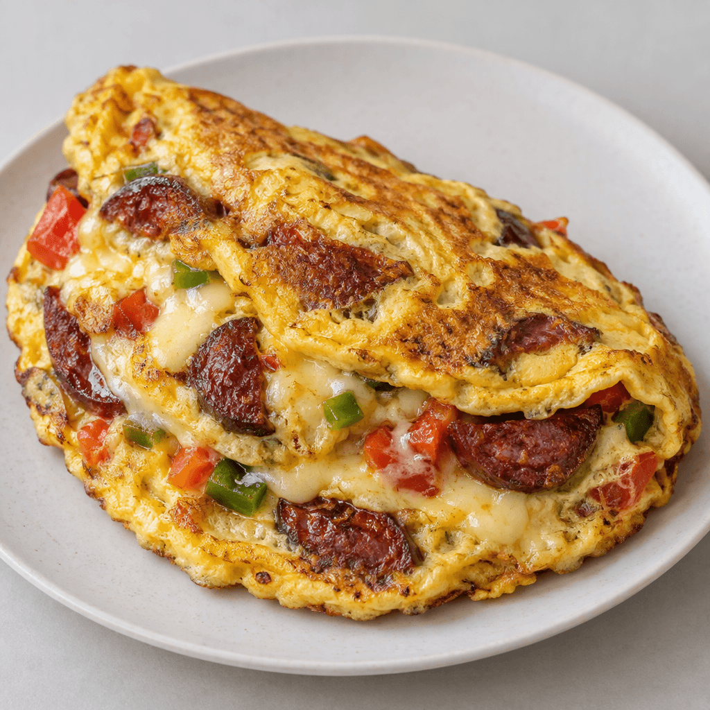 A thick, irregularly folded golden-yellow omelette with set, softly textured egg, browned edges, visible dark red slices of sucuk, pale straw-yellow melted cheese, and small pieces of green pepper and red tomato, served on a plate.