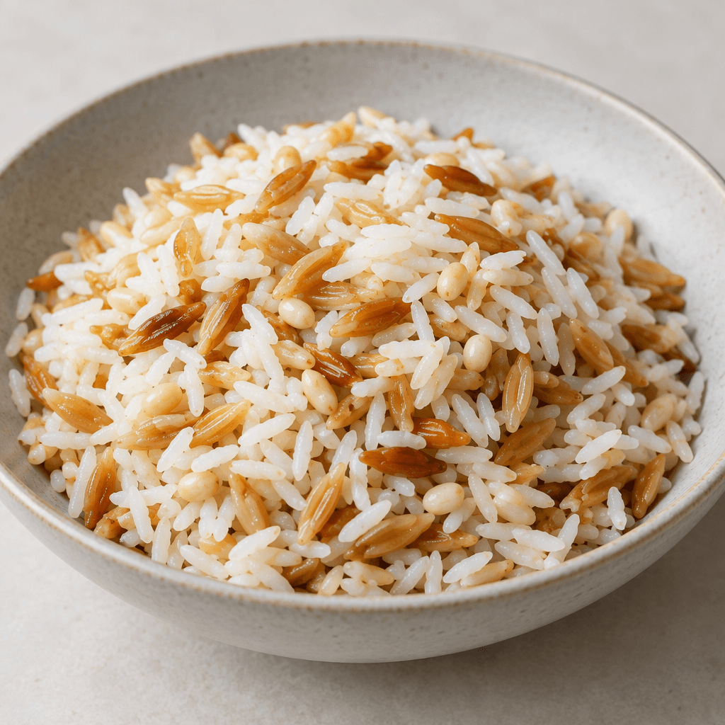 A loose mound of fluffy rice with clearly separated grains, mixed with small golden-brown toasted pasta pieces and scattered pale grains, served in a shallow bowl.