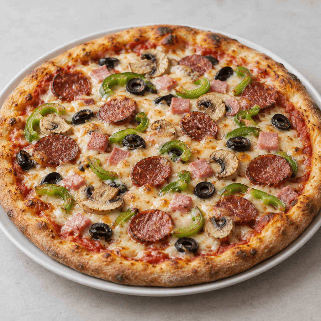 A round pizza with a browned, slightly raised crust, a thin layer of red tomato sauce, melted pale straw-yellow cheese, and scattered slices of sucuk, mushrooms, green peppers, black olives, and small pinkish pieces of processed meat, served on a plate.