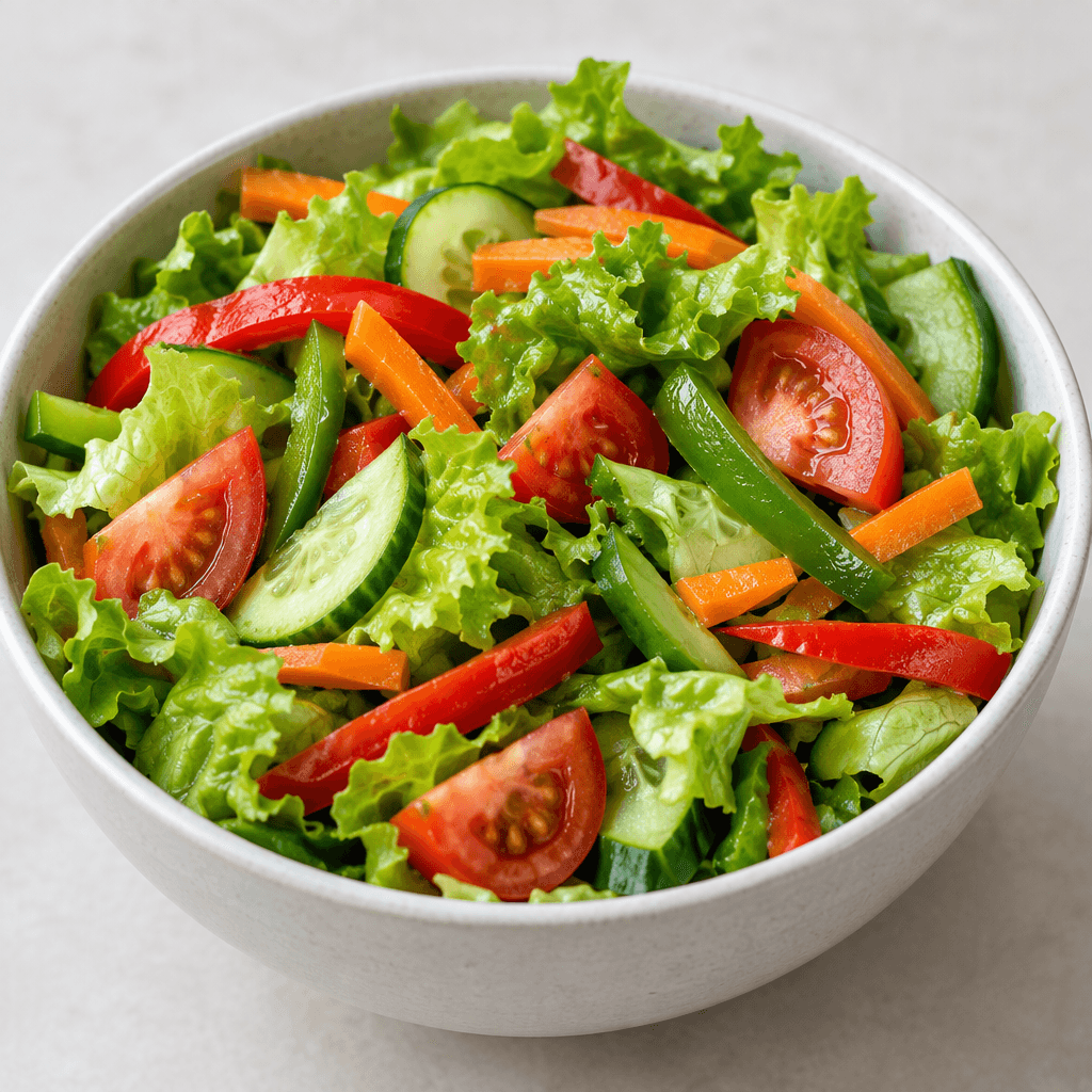 A bowl of mixed raw vegetables, with crisp green lettuce, red tomato pieces, pale-green cucumber slices, orange carrot, and strips of red and green pepper arranged in a colorful, fresh-looking pile without a visible dressing.