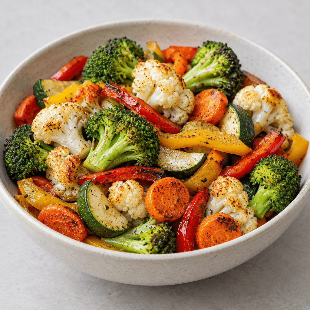 A colorful mix of broccoli florets, cauliflower, carrot slices, zucchini pieces, and red and yellow bell pepper strips, with lightly browned, crisp-looking edges, served together in a shallow bowl.
