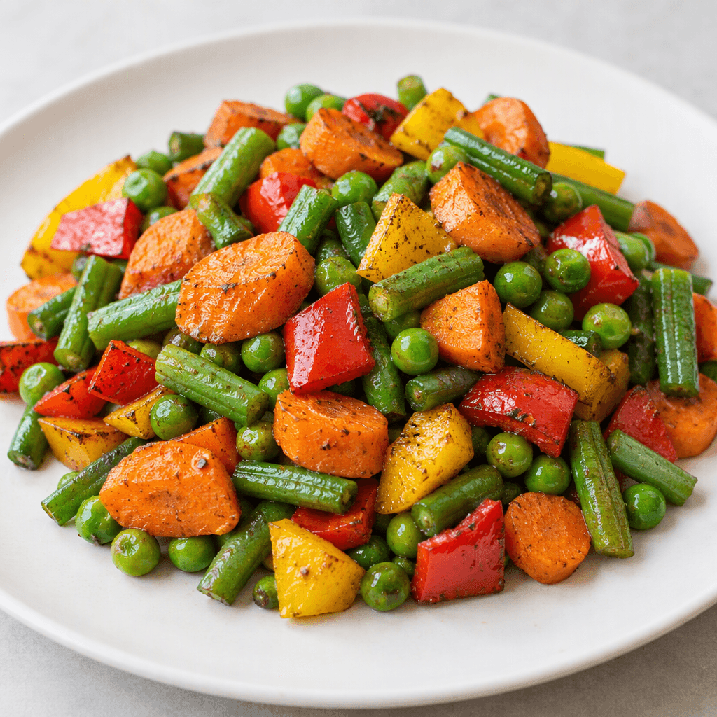 A colorful mix of bite-sized vegetables, including orange carrot pieces, green peas, chopped green beans, and red and yellow bell pepper, with lightly browned edges, piled on a plain serving plate.
