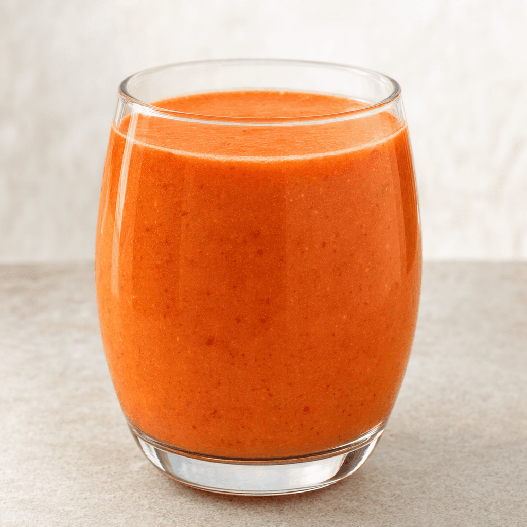 An opaque, smoothly blended orange-red drink with fine fruit and vegetable flecks is served in a clear glass.