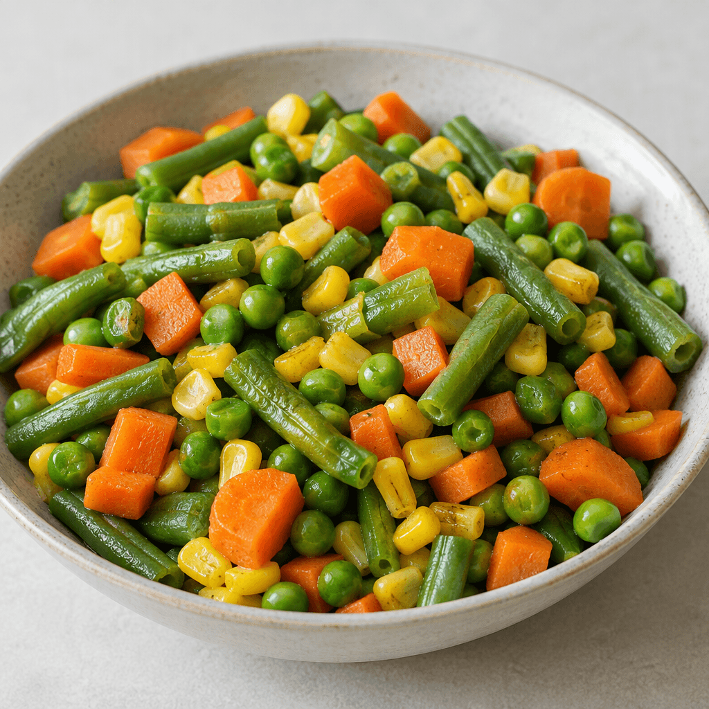 A colourful mixture of bite-sized carrots, peas, corn, and green beans, soft-looking with a slight sheen and served together in a shallow dish.