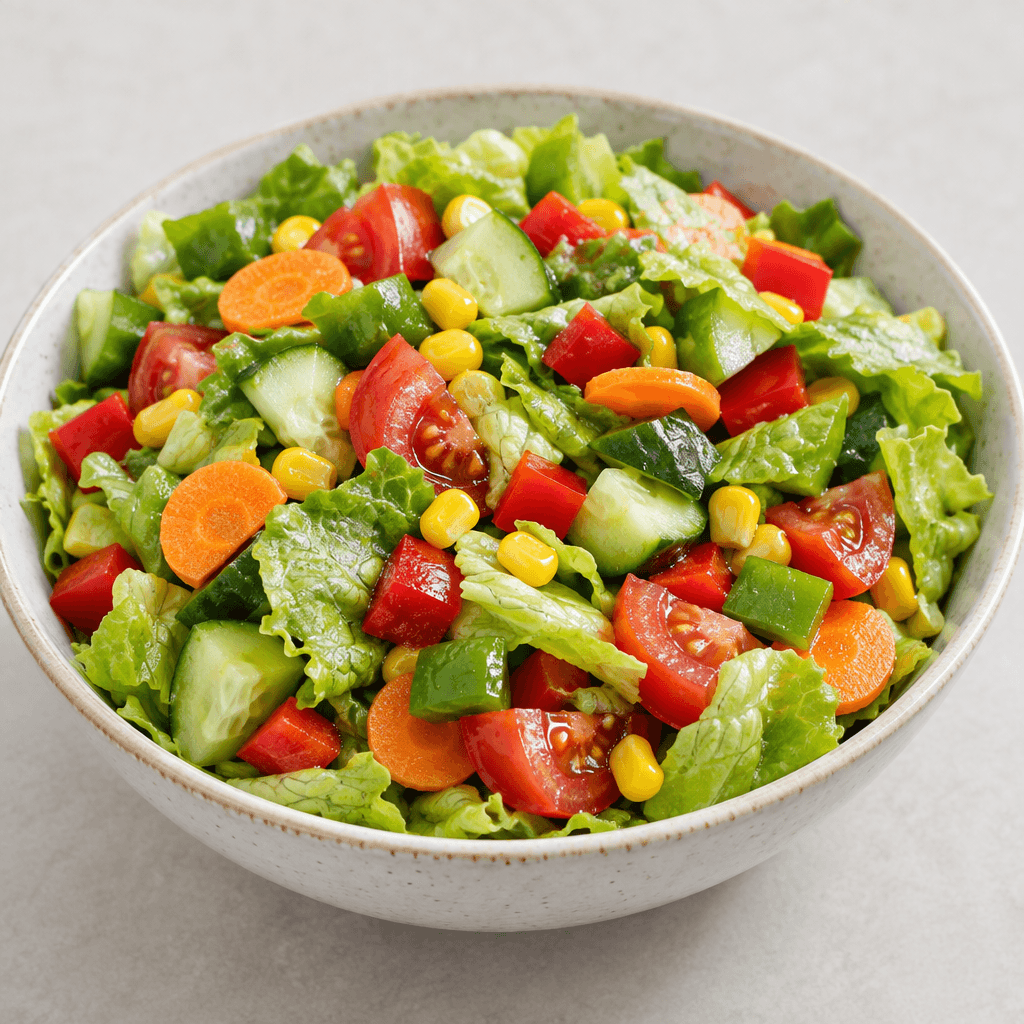 A colorful mixed vegetable salad fills a shallow serving bowl with crisp lettuce leaves, diced cucumber, red tomato pieces, thin carrot slices, yellow sweetcorn, and small red and green bell-pepper pieces, lightly glistening and visibly separate among the vegetables.