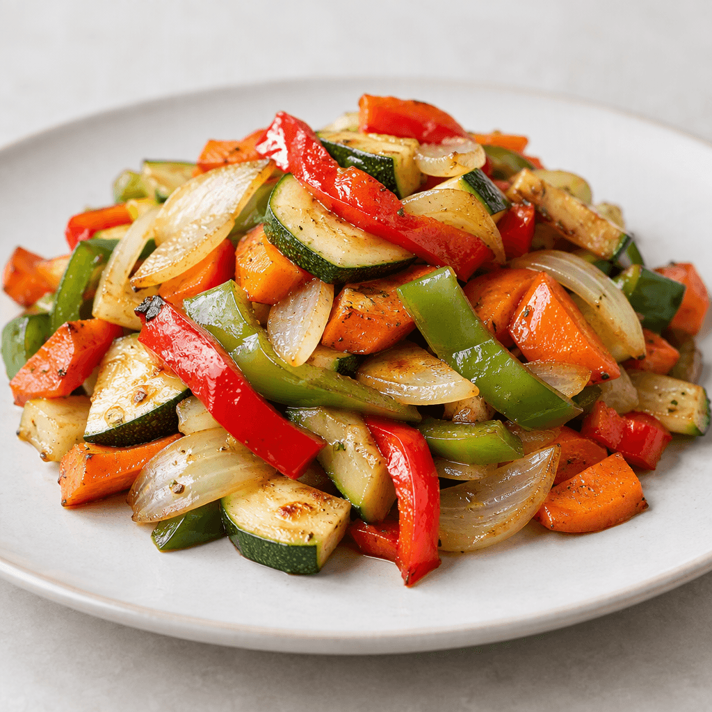 A colorful mound of bite-sized mixed vegetables, including green and red pepper strips, orange carrot pieces, pale zucchini, and translucent onion, sits loosely piled on a plate with lightly glossy surfaces and lightly browned edges.