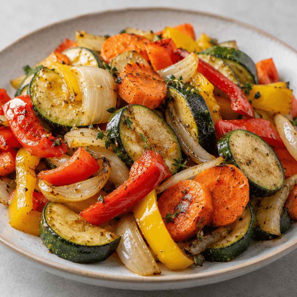 A colorful mix of sliced zucchini, bell pepper, carrot, and onion sits on a plate, with tender-looking pieces showing a light sheen and a few browned edges.