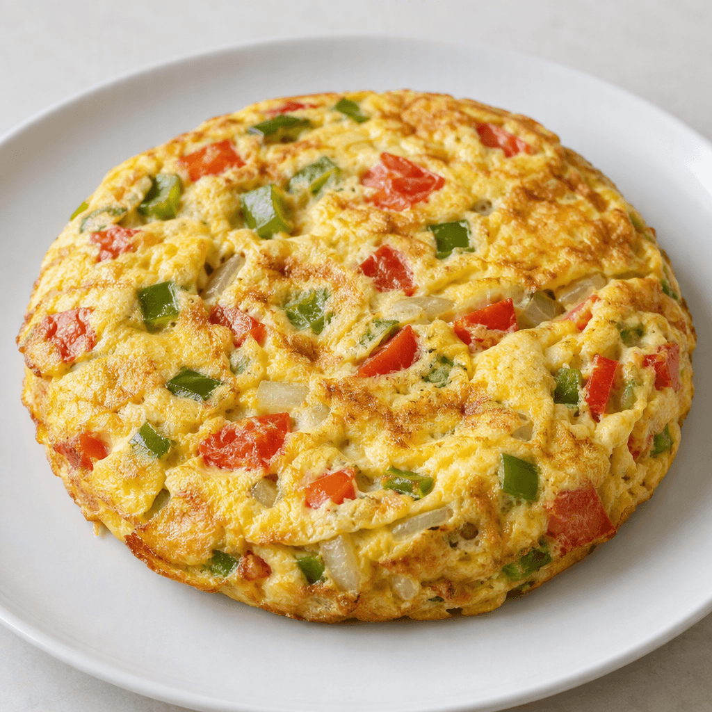 A thick, round, golden-yellow omelet with visible pieces of green pepper, red tomato, and white onion scattered through the soft, slightly folded egg, served on a plain plate.