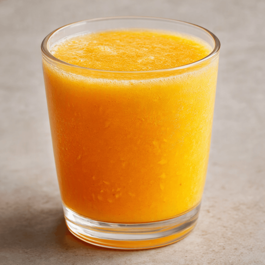 A freshly pressed mixture of fruits served in a clear glass, with an opaque, lightly pulpy orange-gold liquid and subtle variations in color.