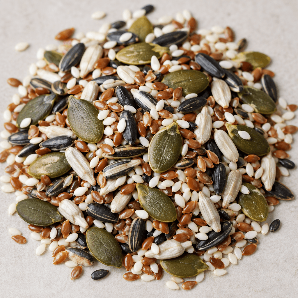 A loose assortment of small edible seeds, including cream-white sesame, tiny golden-brown flax, elongated black and ivory seeds, and flat oval green pumpkin seeds, scattered together in a shallow pile with varied smooth and slightly ridged textures.