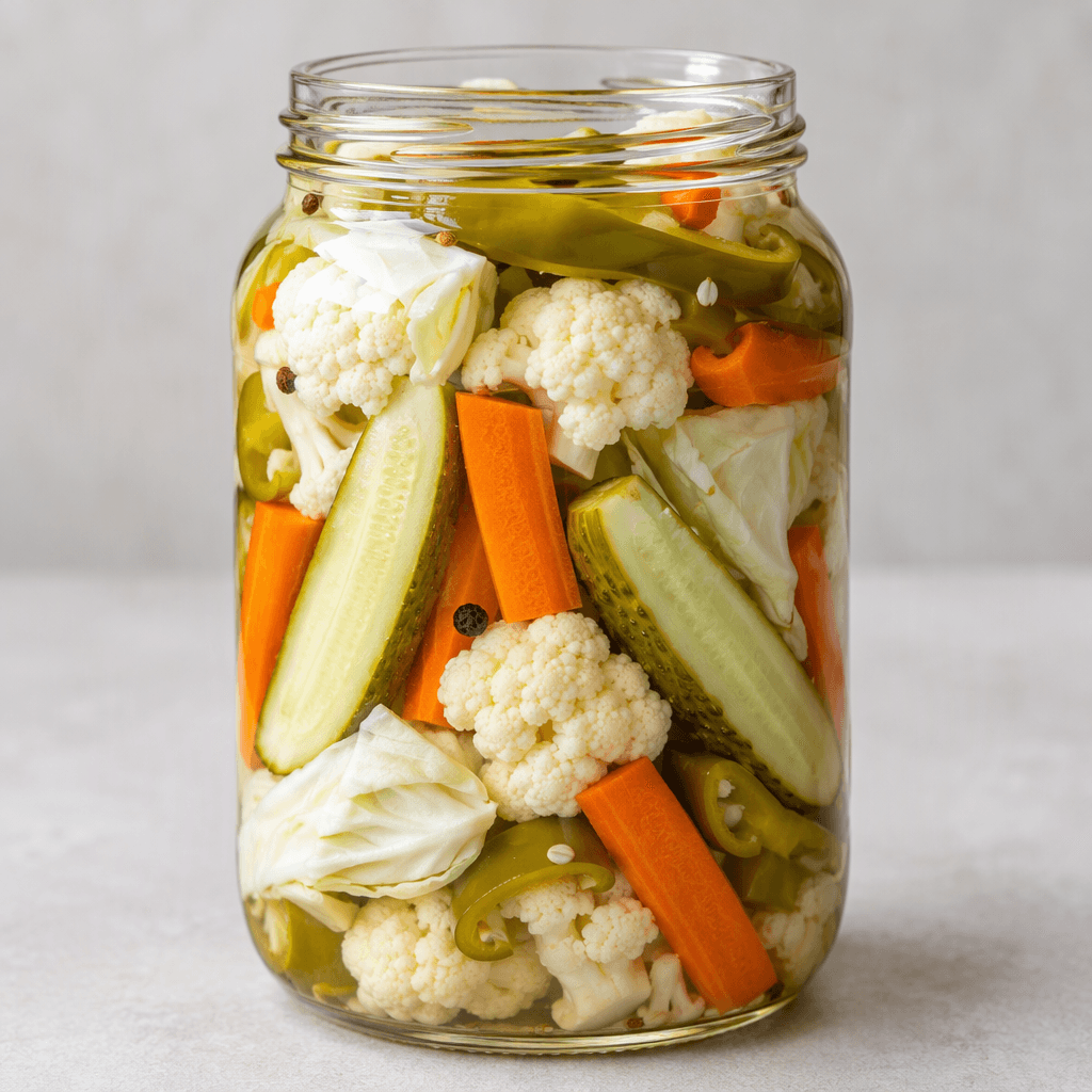 Assorted pickled vegetables—cucumber spears, carrot sticks, cauliflower florets, cabbage pieces, and green peppers—are layered in a glass jar, showing pale green, orange, cream, and white colours beneath clear brine.
