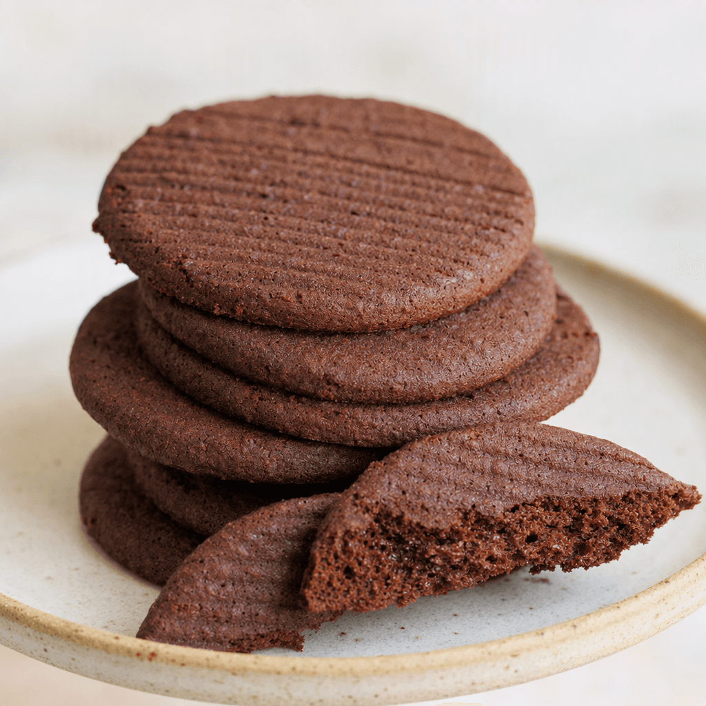 Flat, round dark-brown chocolate biscuits with a lightly ridged surface are stacked on a plate, with one broken piece showing a crisp, porous interior.