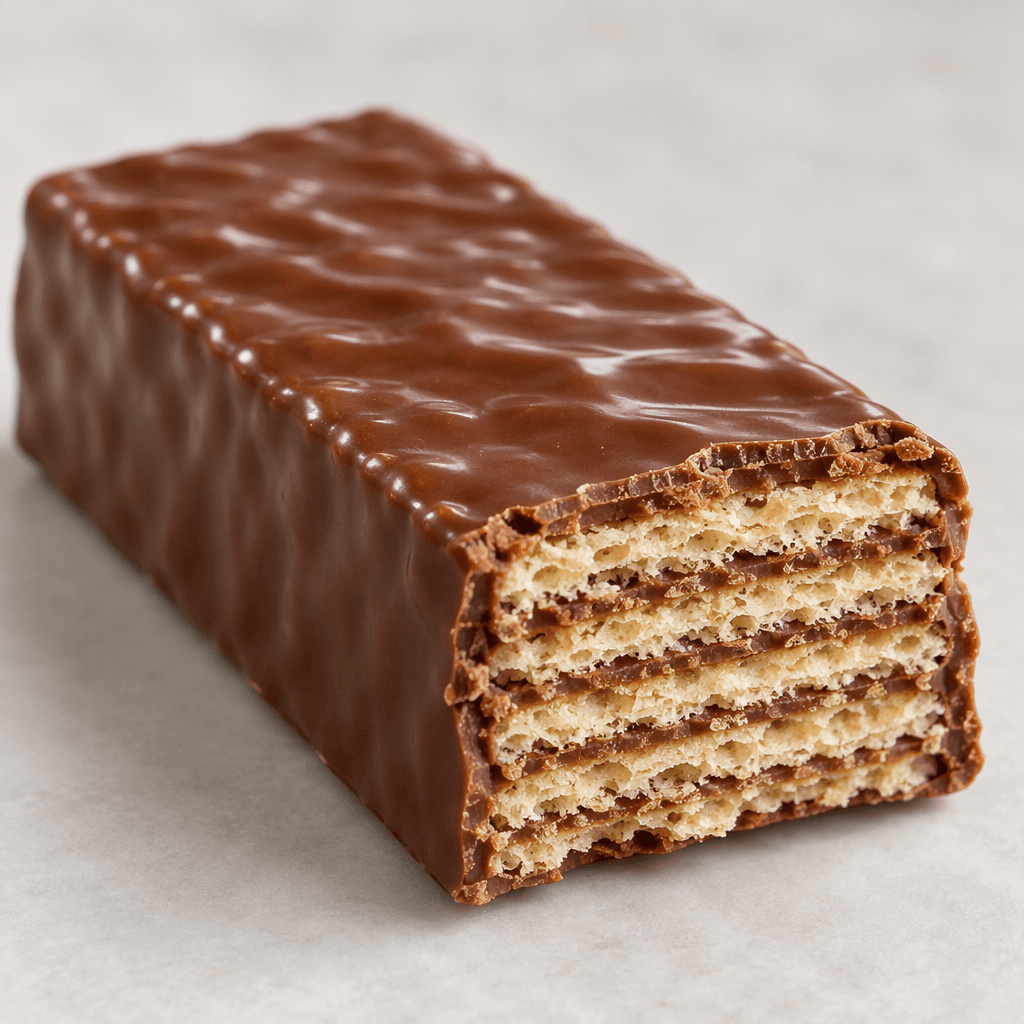 A rectangular chocolate-coated wafer bar with straight edges, a glossy brown outer layer, and thin pale wafer layers visible at a broken edge.