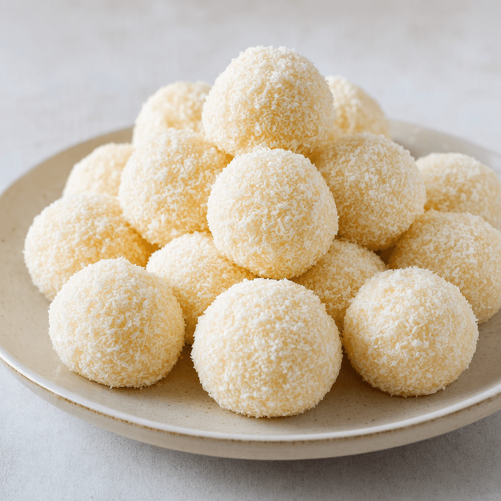 Small, pale ivory coconut sweets with a softly rounded shape and a coating of fine white coconut flakes are arranged on a plate.