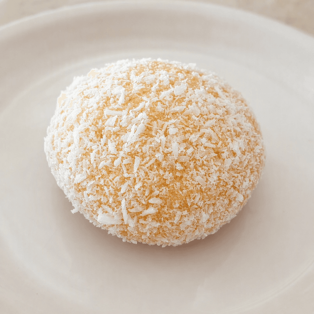 A small, golden-brown cookie is covered all over with fine white coconut flakes, with its surface and shape visible against a plain plate.