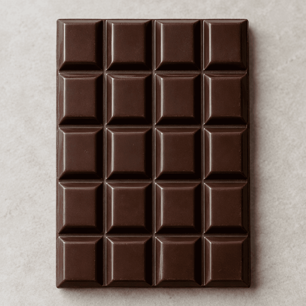 A dark-brown rectangular chocolate bar divided into neat raised squares, with a smooth, slightly glossy surface.