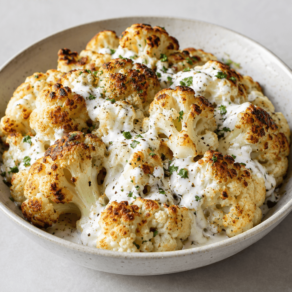Tender cauliflower florets with creamy white yogurt nestled among them, their tips and edges browned in patches, are served together in a shallow dish.