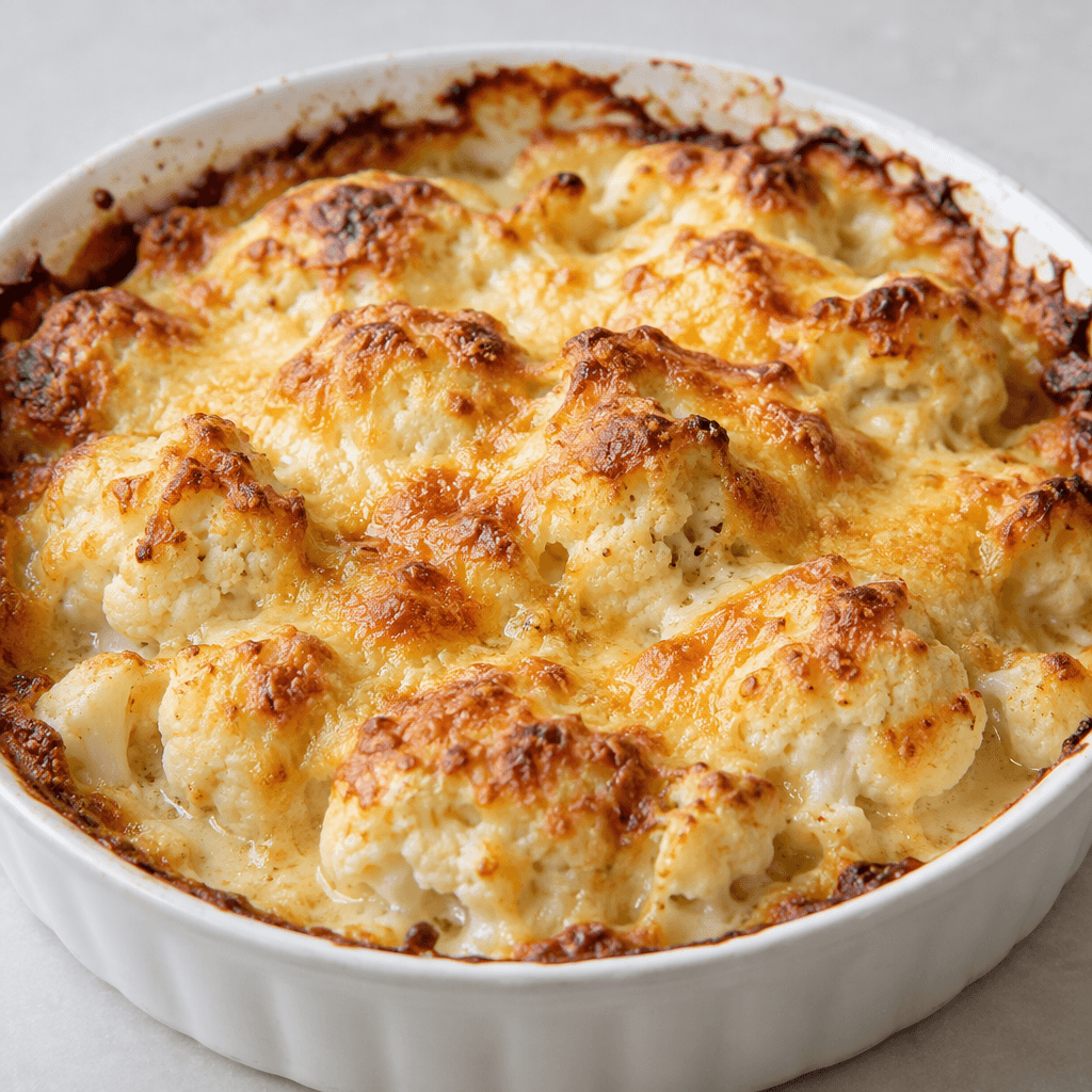 White cauliflower florets are coated in a creamy pale sauce and arranged in a shallow baking dish beneath a bubbling golden-brown cheese crust, with browned edges and a soft, uneven surface.