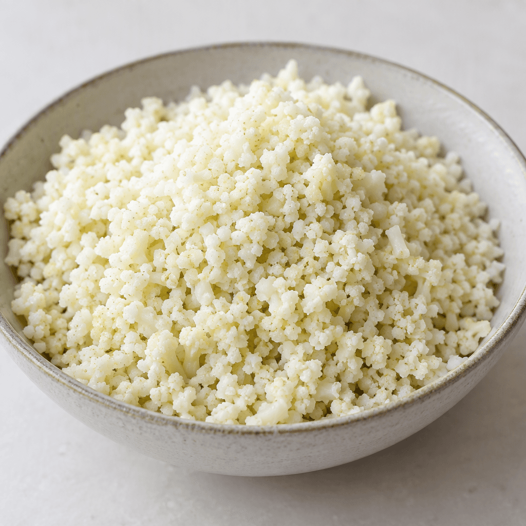 A mound of tiny, irregular off-white cauliflower pieces with a loose, crumbly, rice-like texture, served in a shallow bowl.