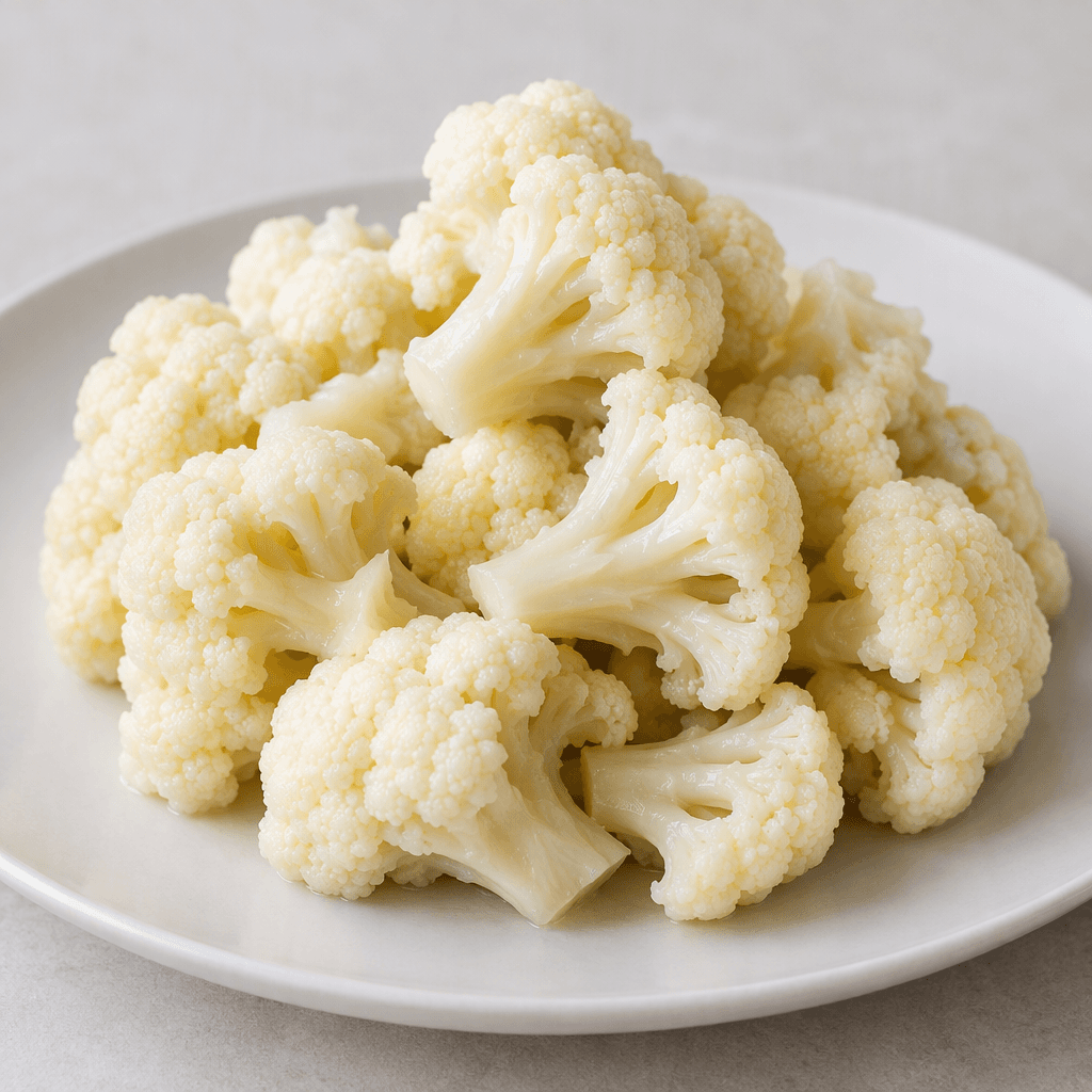 Pale ivory cauliflower florets with irregular branching shapes and slightly softened, moist surfaces are arranged in a small pile on a plain plate.