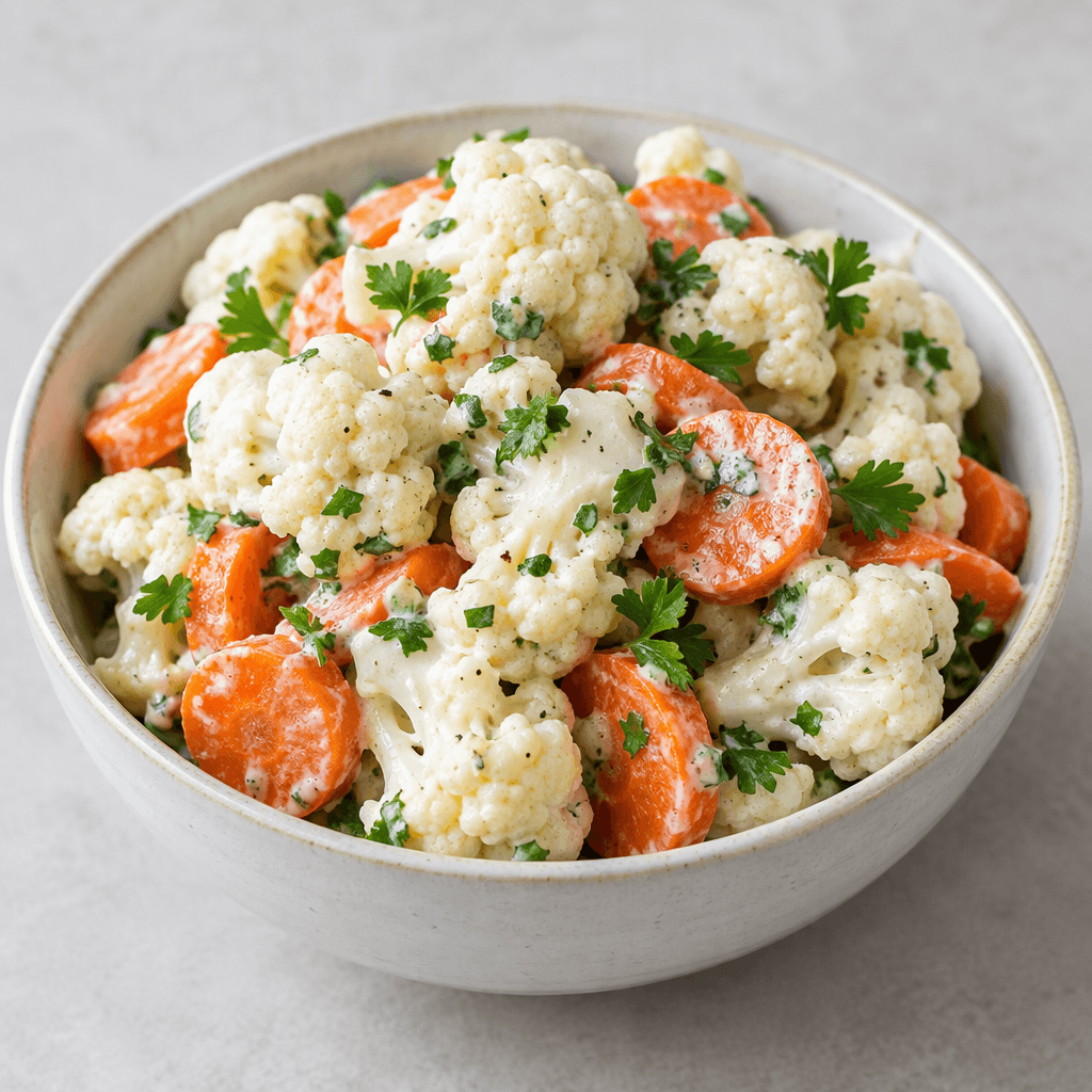 A bowl of chunky white cauliflower florets mixed with bright orange carrot slices, green parsley, and a light creamy dressing, with the ingredients visibly coated and loosely piled.