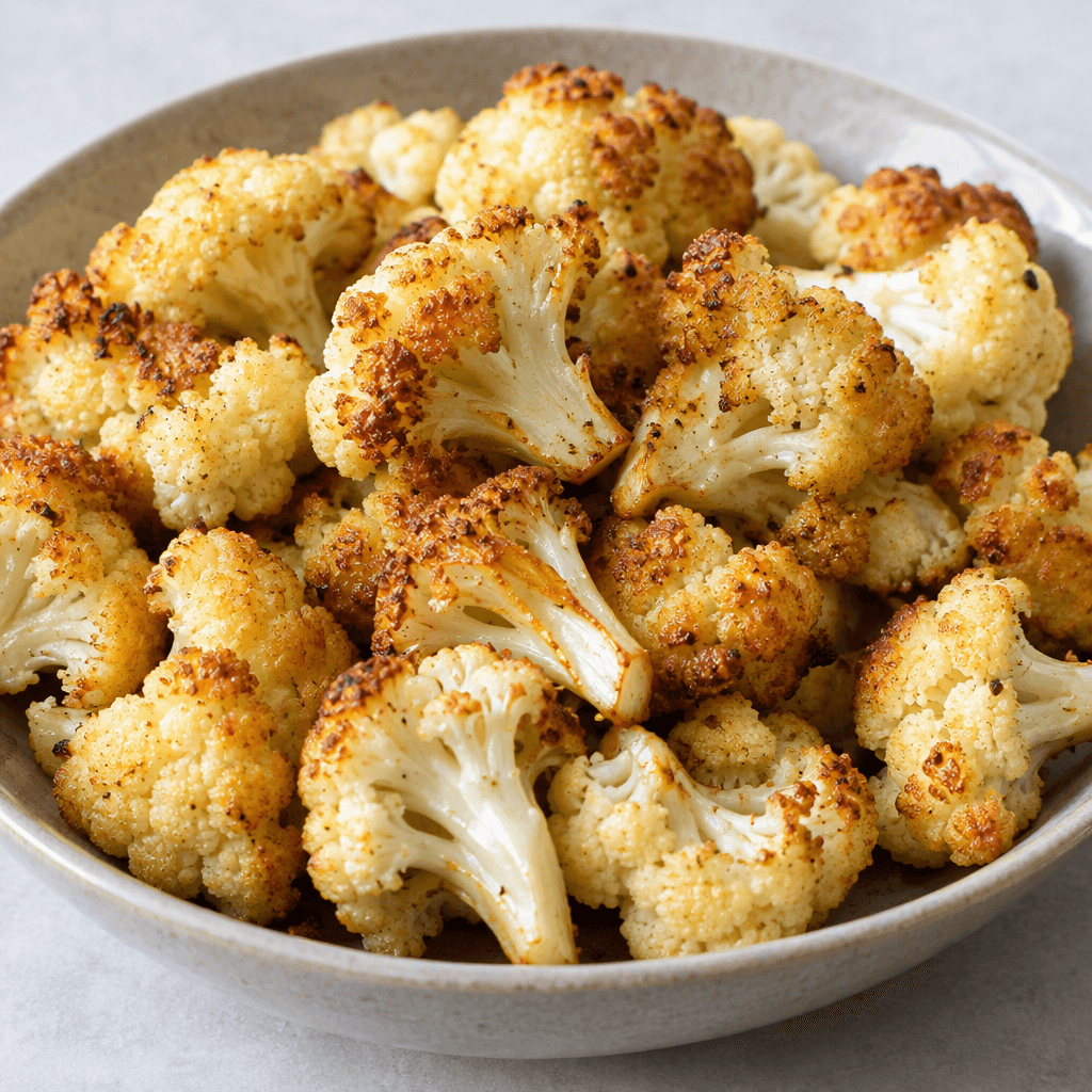 Irregular bite-sized cauliflower florets with creamy white centers and lightly golden-brown, crisp-looking edges are arranged in a shallow serving dish, with a slight sheen of oil visible on their surfaces.