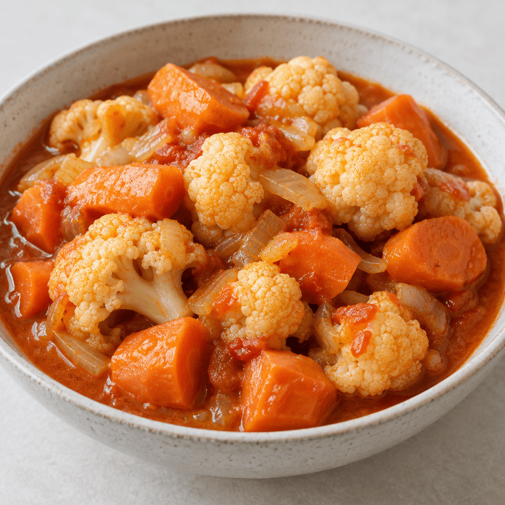 Pale ivory cauliflower florets and orange carrot pieces sit in a shallow bowl of glossy reddish-orange tomato sauce, with softened onion visible between the vegetables.