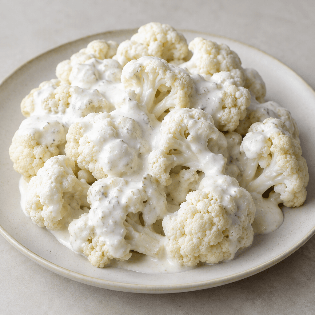 White cauliflower florets are arranged on a serving plate and covered with a thick, smooth white yogurt sauce, with the irregular branching florets still visible around and through it.