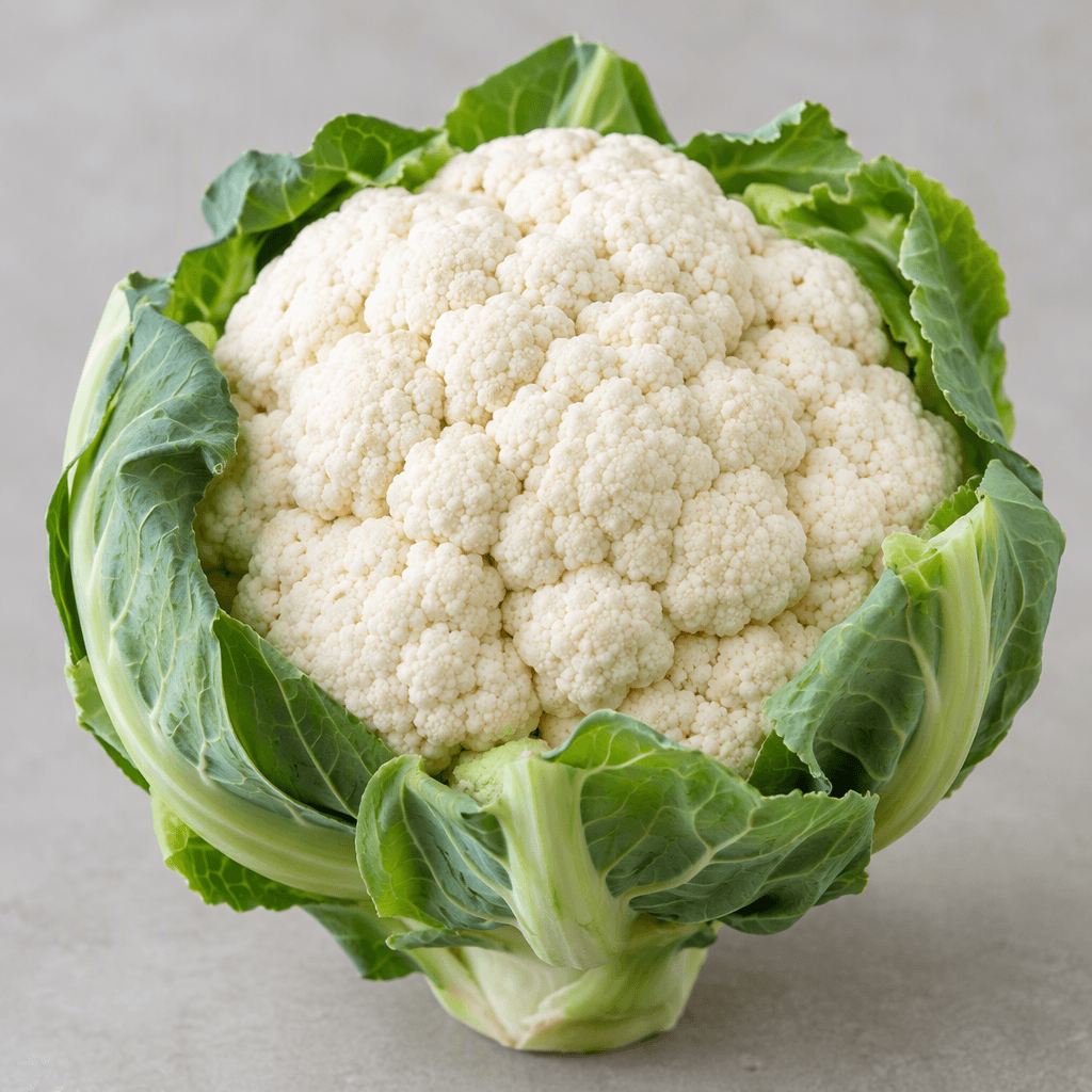 A compact, round cauliflower head with tightly clustered, knobby white florets forming a bumpy dome, surrounded by broad, overlapping pale-green leaves and a short thick stem.